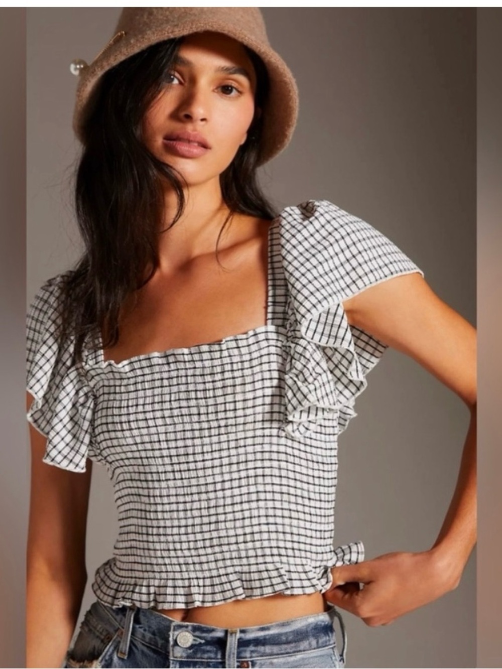 Anthropologie Maeve Black & White Gingham Smocked Shirt Size M